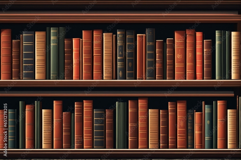 Fototapeta premium Library of vintage books displayed on shelves in a 3D rendering studio