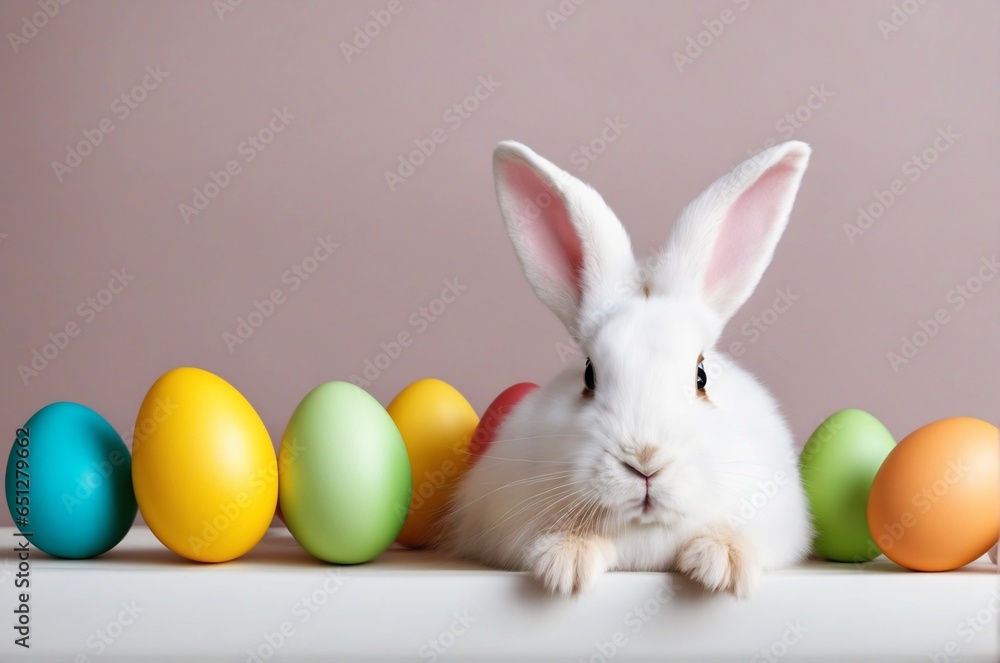 Happy Easter bunny with many colorful easter eggs. . Happy Easter bunny with many colorful easter eggs. .