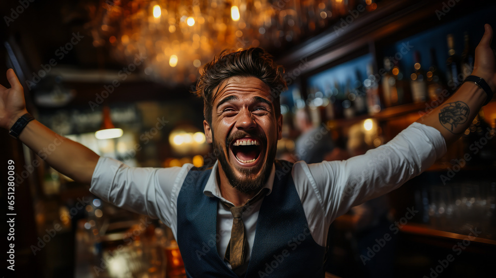 Jubilant bartender evoking sheer euphoria with wide smile, expertly mixing cocktails in lively tavern - essence of delight and victorious celebration. - obrazy, fototapety, plakaty 