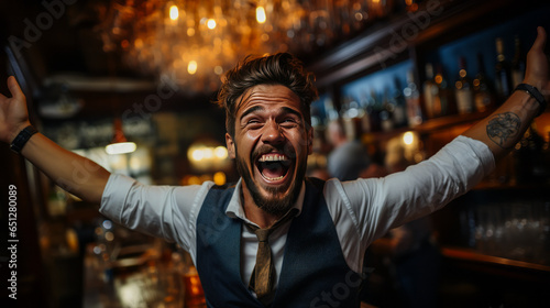 Jubilant bartender evoking sheer euphoria with wide smile, expertly mixing cocktails in lively tavern - essence of delight and victorious celebration.