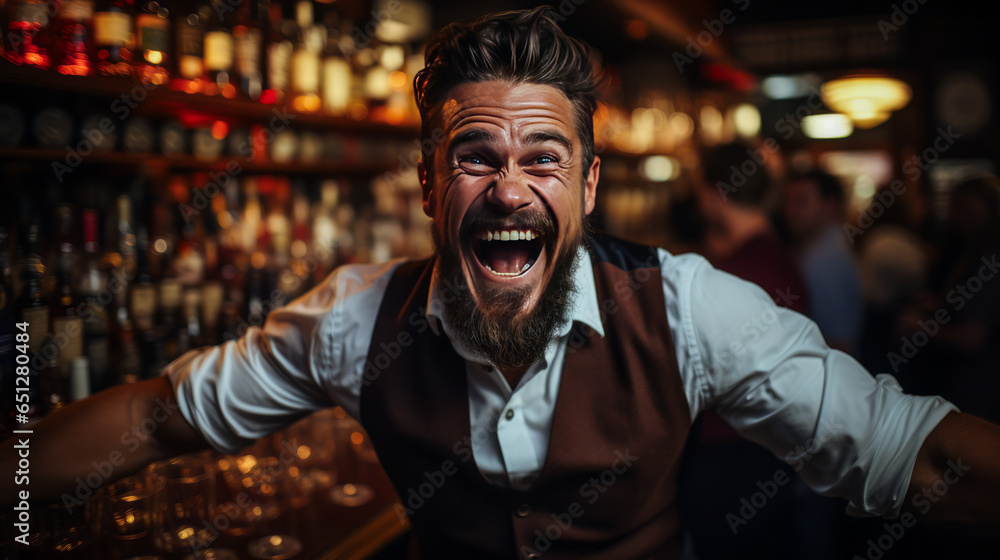 Obraz premium Jubilant bartender, displaying wide joyous smile and euphoria while shaking cocktail. Key subject perfect for taverns, mixologist themes or lounge staff concepts.