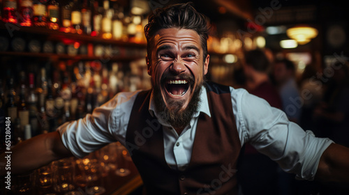 Jubilant bartender, displaying wide joyous smile and euphoria while shaking cocktail. Key subject perfect for taverns, mixologist themes or lounge staff concepts.