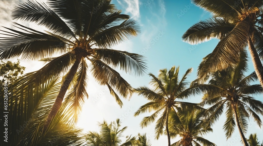 Experience the ultimate vacation getaway with a stunning beach view surrounded by tropical palm trees, creating the perfect summer escape with a nostalgic vintage feel 