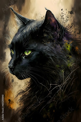 black cat black colors watercolor painting intricate 