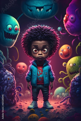 Cute cartoon boy character african american with curly hair bravely standing in front of lots of scary colorful monsters Lots of scary monsters behind the boy Full body dark backgroundunreal Engine 