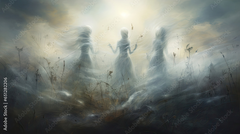 Wandering Spirits in a Misty Meadow
