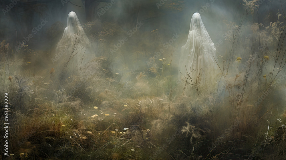 Fototapeta premium Wandering Spirits in a Misty Meadow