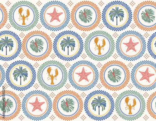 etro Summer Vibes  70s Checkered with summer elements , Palm trees , Lobsters, star fish , Tropical leaves , Monstera leaves , Seamless pattern illustration,