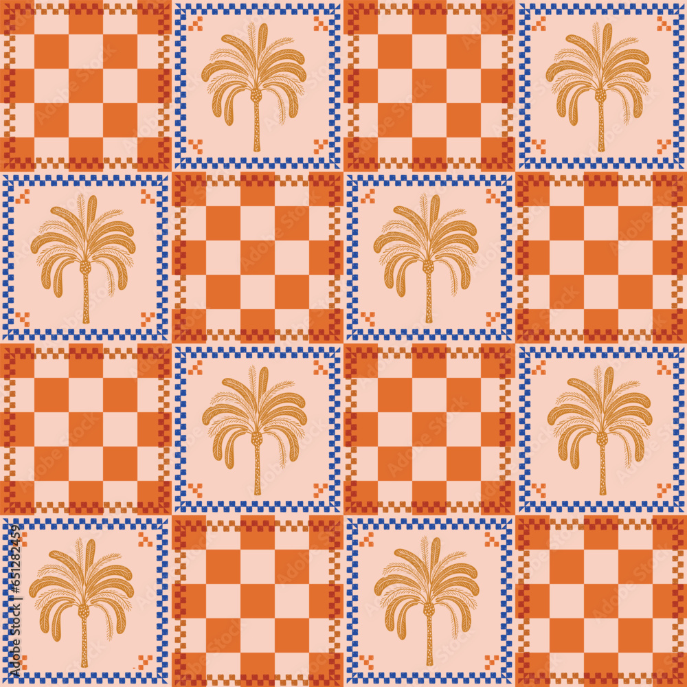 Retro chess pattern with  palm leaves. A collection of groovy cliparts from 70s, 60s.