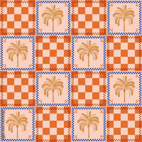 Retro chess pattern with  palm leaves. A collection of groovy cliparts from 70s, 60s.