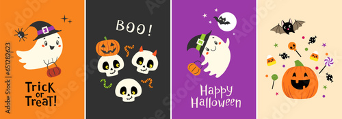 Vector set of Halloween prints perfect for trick or treat bags, posters, banners, invitations for children. Cute kids design with pumpkins, ghosts, skulls and bats. 