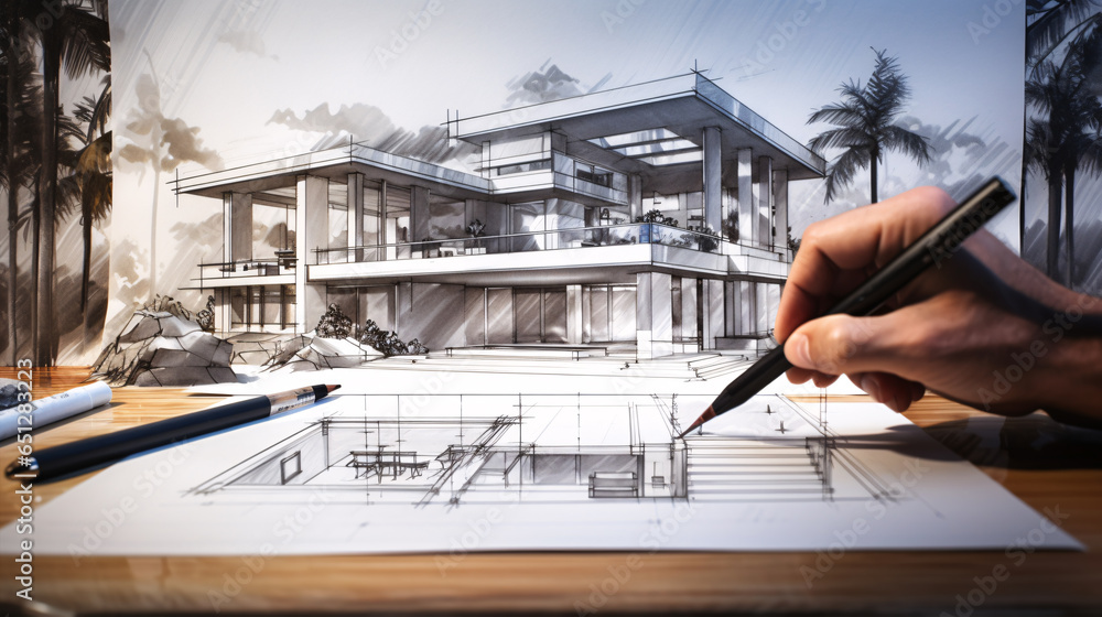 A designer's hand at work, sketching out the blueprint of a villa, where the vision starts its journey towards becoming a tangible structure - obrazy, fototapety, plakaty 