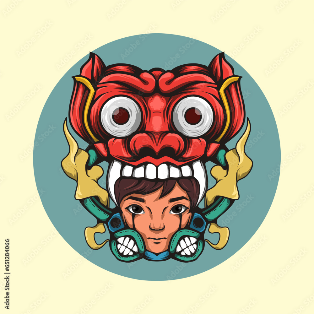 Obraz premium vector illustration of a mask ornament and a woman's face