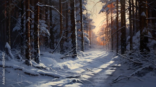  a painting of a snowy path in a forest at sunset. generative ai