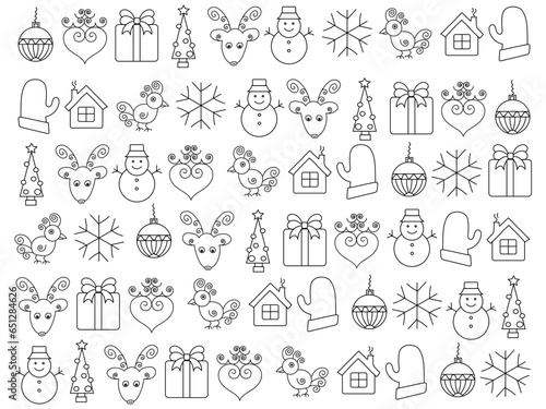 Christmas icon set with snowflakes  hats  star  Christmas tree  balls  orange  sock  gift  drink and garlands. Vector icons for business and holidays