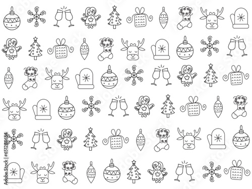 Christmas icon set with snowflakes  hats  star  Christmas tree  balls  orange  sock  gift  drink and garlands. Vector icons for business and holidays