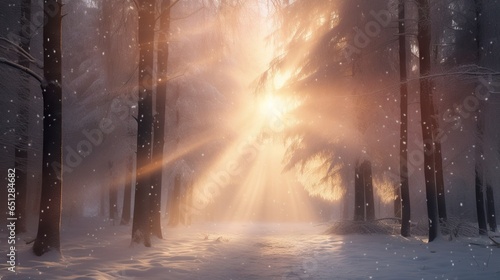  a snowy forest with sunbeams shining through the trees.  generative ai © Anna