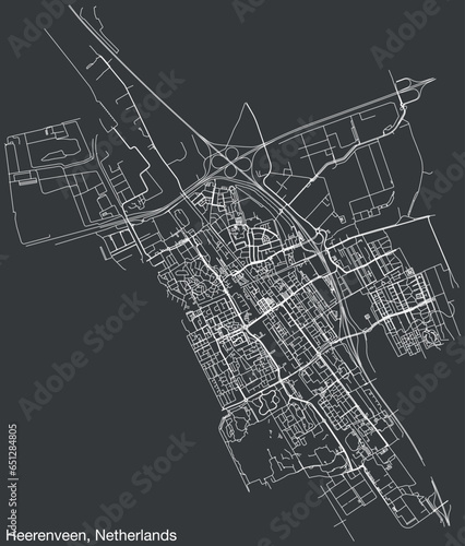 Detailed hand-drawn navigational urban street roads map of the Dutch city of HEERENVEEN, NETHERLANDS with solid road lines and name tag on vintage background