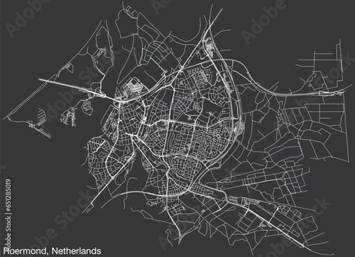 Detailed hand-drawn navigational urban street roads map of the Dutch city of ROERMOND, NETHERLANDS with solid road lines and name tag on vintage background