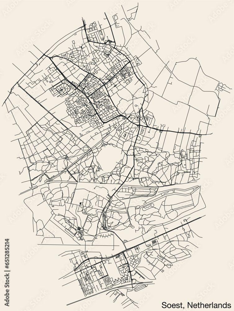 Detailed hand-drawn navigational urban street roads map of the Dutch city of SOEST, NETHERLANDS with solid road lines and name tag on vintage background