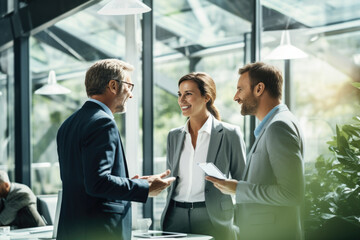 smiling businesspeople client discussing business in office space