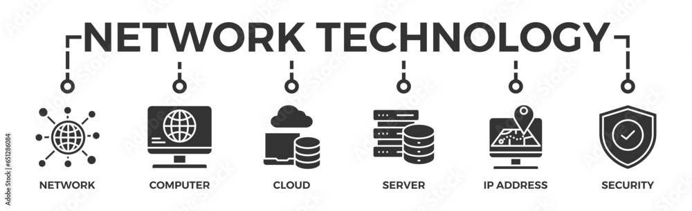Network technology banner web icon vector illustration concept with icon of network, computer, cloud, server, ip address and security Network technology banner web icon vector illustration concept with icon of network, computer, cloud, server, ip address and security