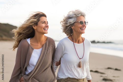 Ederly mother and her adult daughter enjoying walk along beach photo