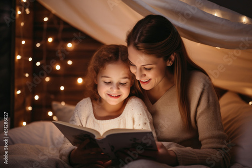 caucasian mom reading a book to her daughter before bedtime