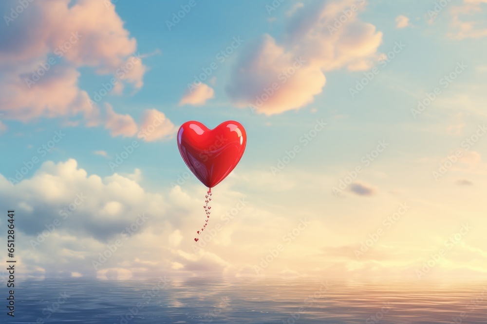 A red heart-shaped balloon flies into a blue sky with clouds