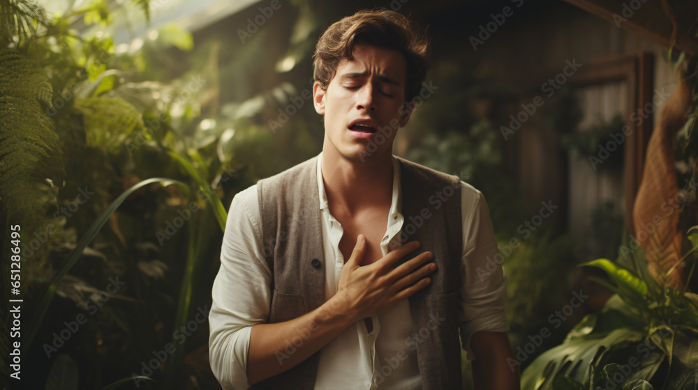 A young man grimacing while clutching his chest, displaying severe distress. He might be experiencing a heart attack or intense cramps due to heart disease..