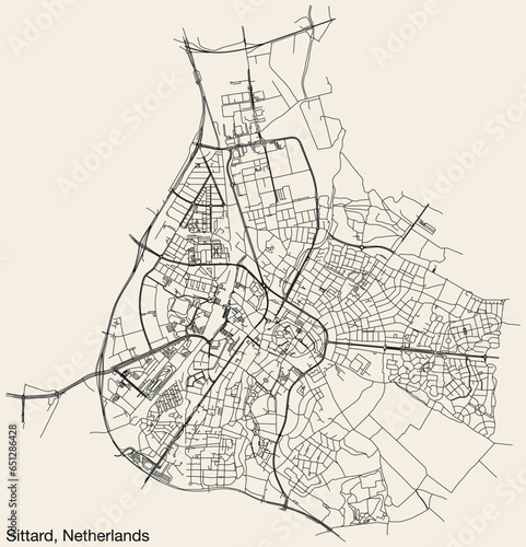 Detailed hand-drawn navigational urban street roads map of the Dutch city of SITTARD, NETHERLANDS with solid road lines and name tag on vintage background