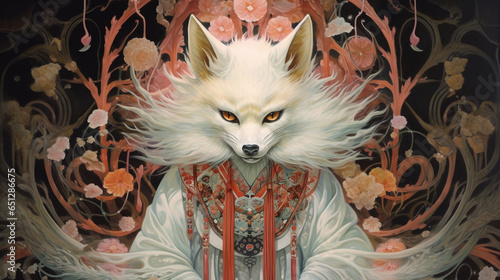 An otherworldly image of a kitsune, a nine-tailed fox spirit, adorned in ornate traditional garments photo