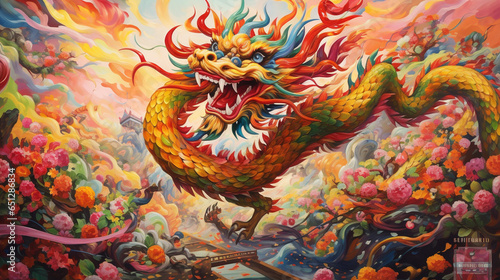 A vibrant and colorful portrayal of a Chinese dragon winding its way through a traditional festival