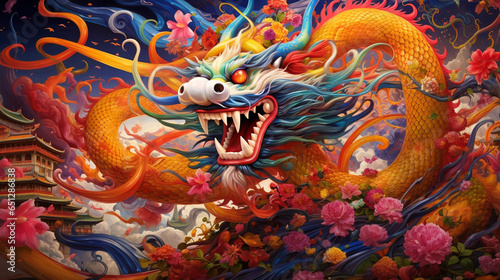 A vibrant and colorful portrayal of a Chinese dragon winding its way through a traditional festival
