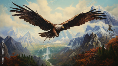 A fantastical depiction of a roc, a gigantic mythical bird, soaring high above a mountain range