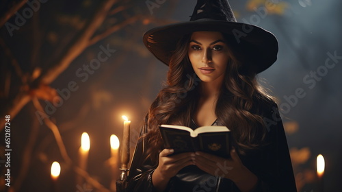 Halloween Witch girl with magic Book of spells portrait beautiful young woman in witches hat candles