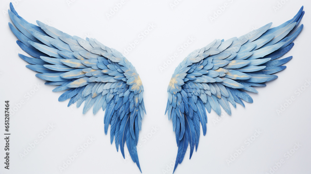 Fototapeta premium blue angel wings against a crisp white background, AI Generative.