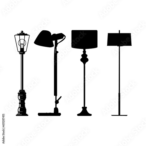 Floor and table lamps vector illustration Set of black silhouettes white background.