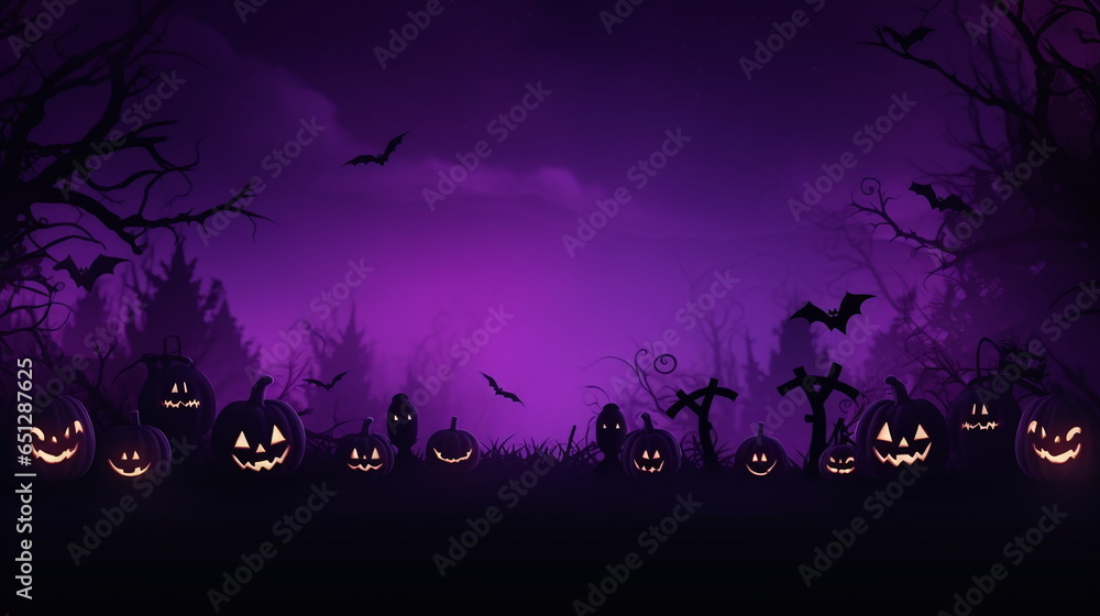 Spooky purple pumpkin themed Halloween wallpaper moon spooky woods copy space
