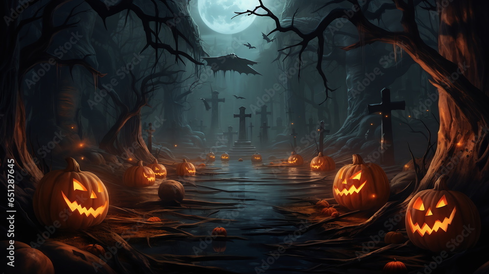 Spooky dark fire pumpkin themed Halloween wallpaper moon spooky woods graveyard forest