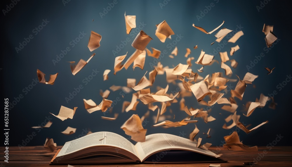 Photo of an open book with pages flying out - obrazy, fototapety, plakaty 