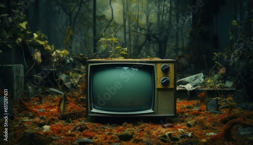 Photo of an abandoned television set in the midst of a dense forest