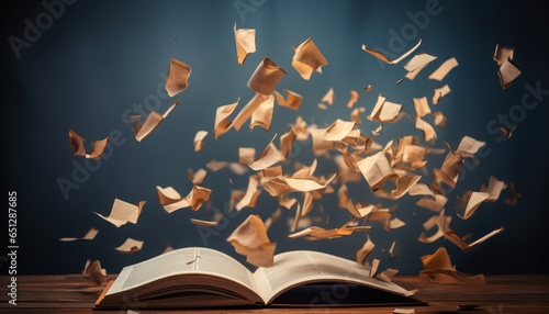 Photo of an open book with pages flying out
