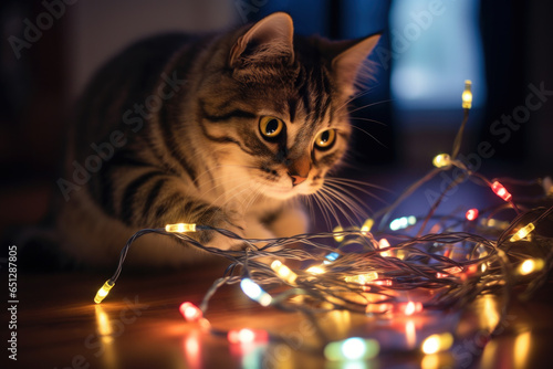 Kitty plays with fairy lights of the Christmas garland. photo