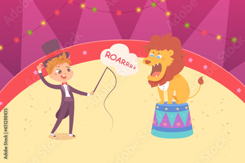 Circus performance with lion and trainer vector illustration. Cartoon isolated angry lion sitting on arena podium and roaring, cute tamer boy in vintage dress holding whip to train circus animal