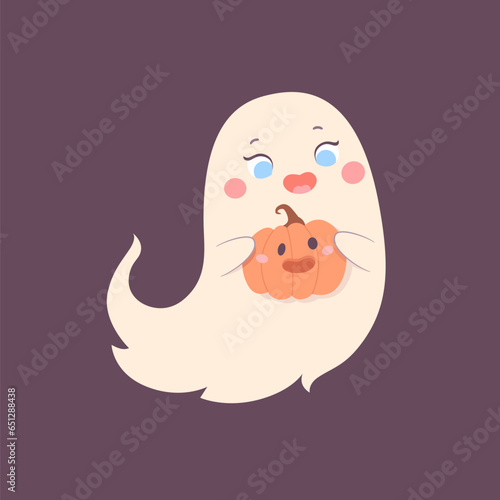 Cute Halloween ghost character with pumpkin, spooky expression creature. Funny scary magic kawaii demon, mystery creative nowadays vector clipart