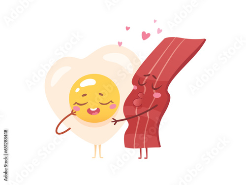 Fried egg and bacon slice adorable characters, happy funny kawaii couple in love hugging