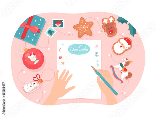 Hands writing Christmas letter to Santa Claus about xmas gifts vector illustration. Cartoon person holding pencil to write wish list on paper sheet and send by mail. Christmas greeting card concept