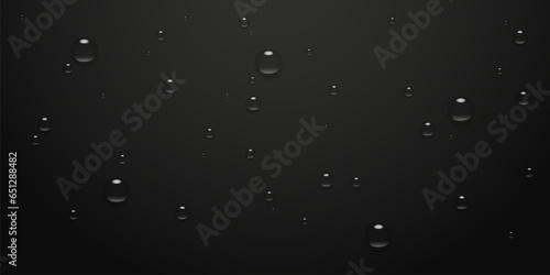 Condensation water drops on black background, rain droplets with light reflection on glass surface, abstract wet texture, pure aqua blobs pattern, Realistic vector illustration