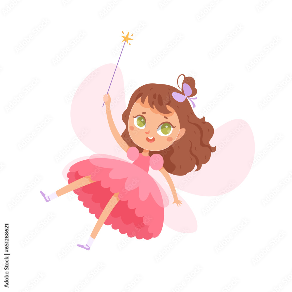 Cute fairy girl falling, fairytale princess with pink butterfly wings and dress flying Cute fairy girl falling, fairytale princess with pink butterfly wings and dress flying